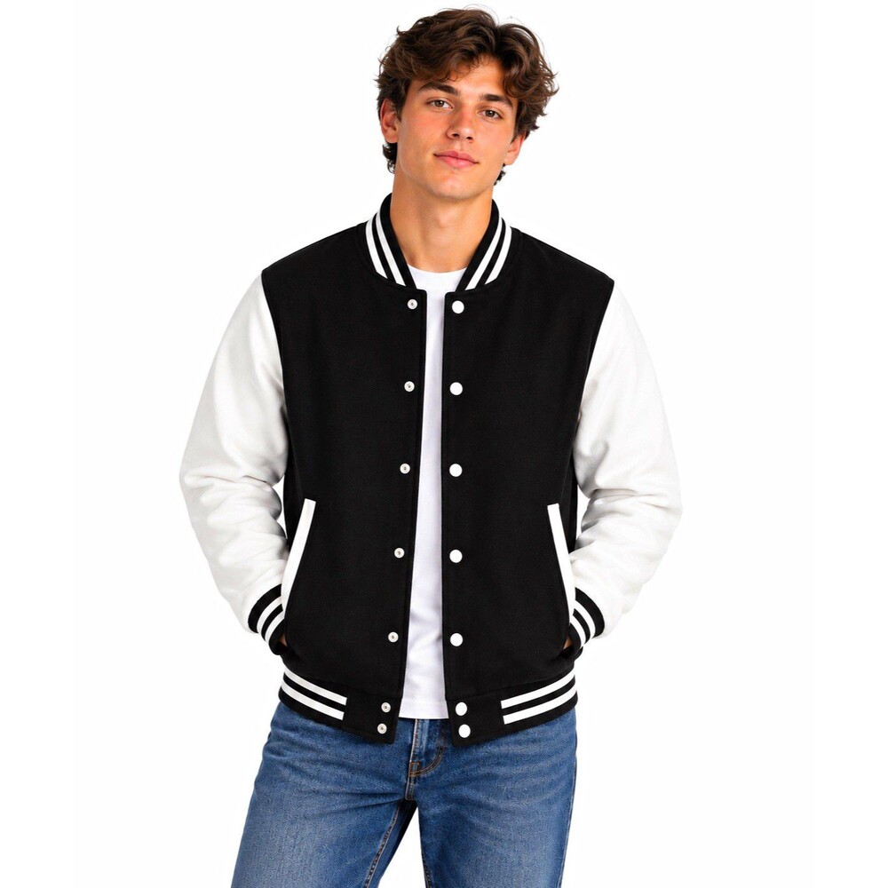 Mens 2XL Black Varsity Jacket Letterman Bomber Baseball College Snap Button